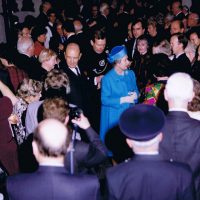 Her Majesty, accompanied by the Association Chairman, Brigadier Gil Hickey, and the Colonel of the Regiment, Major General RA Pett, talking to Members at the 175th Anniversary reception in the Tower of London, 1992